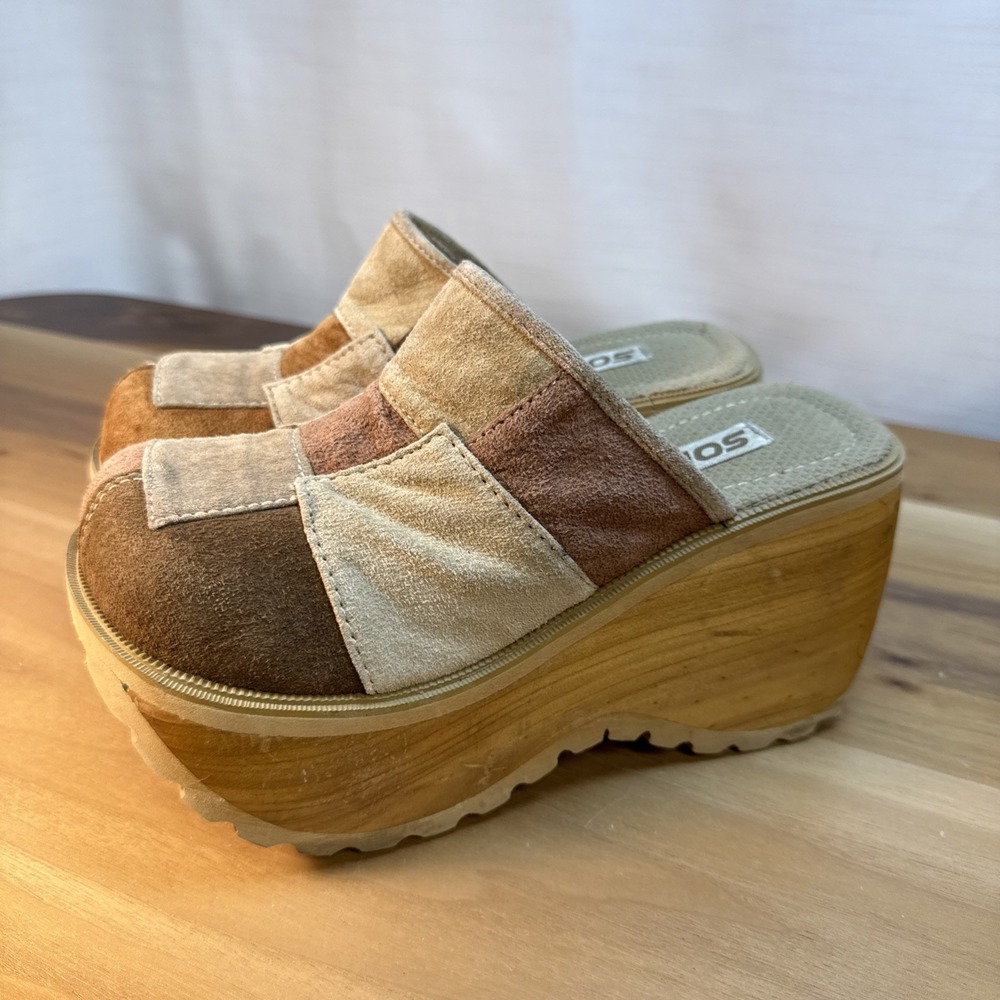 VTG Y2K Soda Brown Patchwork Suede Platform Mules Wedge Wooden Clogs Sz 7 Chunky